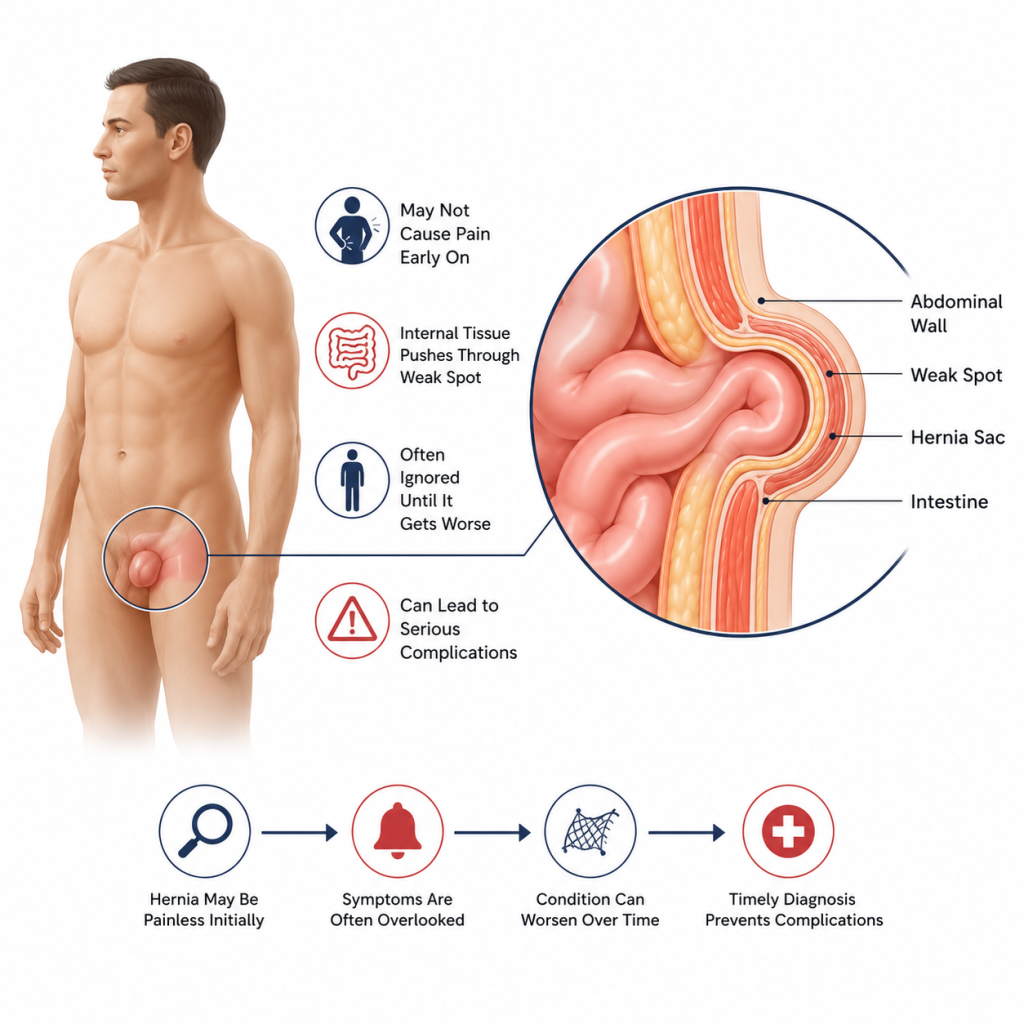 Medical illustration showing a painless inguinal hernia with an anatomical cross-section of the abdominal wall, highlighting how a hernia may develop without pain in the early stages and why early diagnosis is important.