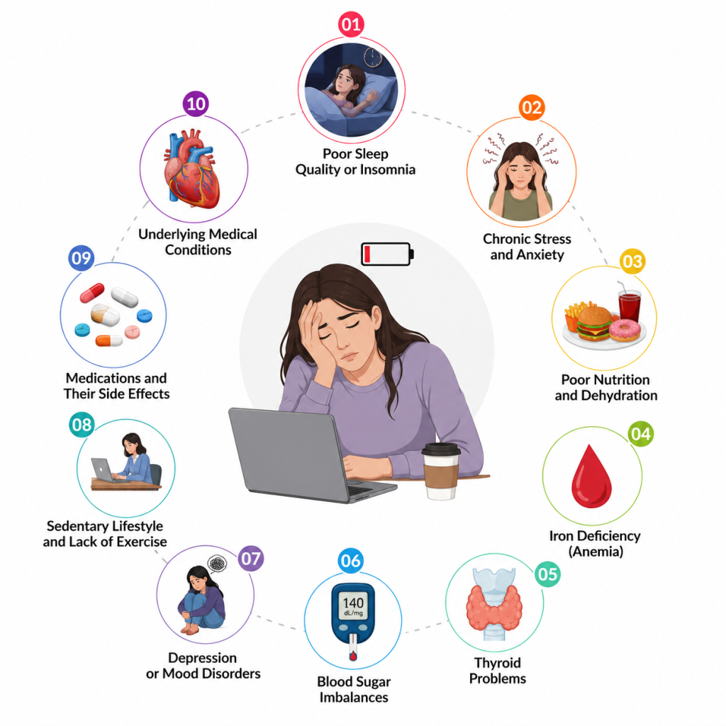Medical infographic illustrating 10 common reasons for feeling tired all the time, including poor sleep, stress, poor nutrition, iron deficiency, thyroid problems, blood sugar imbalance, lack of exercise, depression, medication side effects, and underlying health conditions.