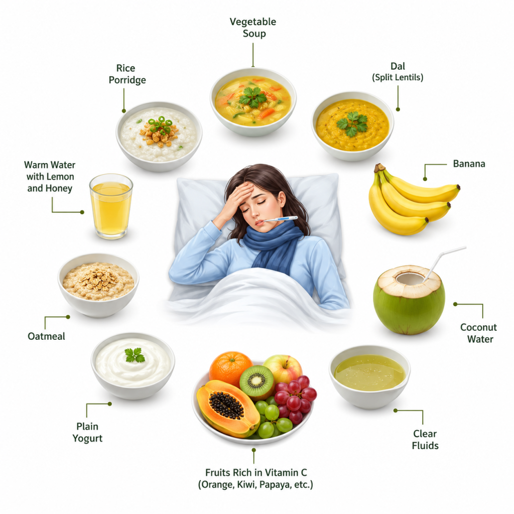 image - Shirdi Sai Hospital Illustration showing a person with fever resting in bed, surrounded by healthy foods such as vegetable soup, rice porridge, dal, oatmeal, yogurt, bananas, vitamin C-rich fruits, coconut water, clear fluids, and warm lemon honey water recommended during fever and weakness.