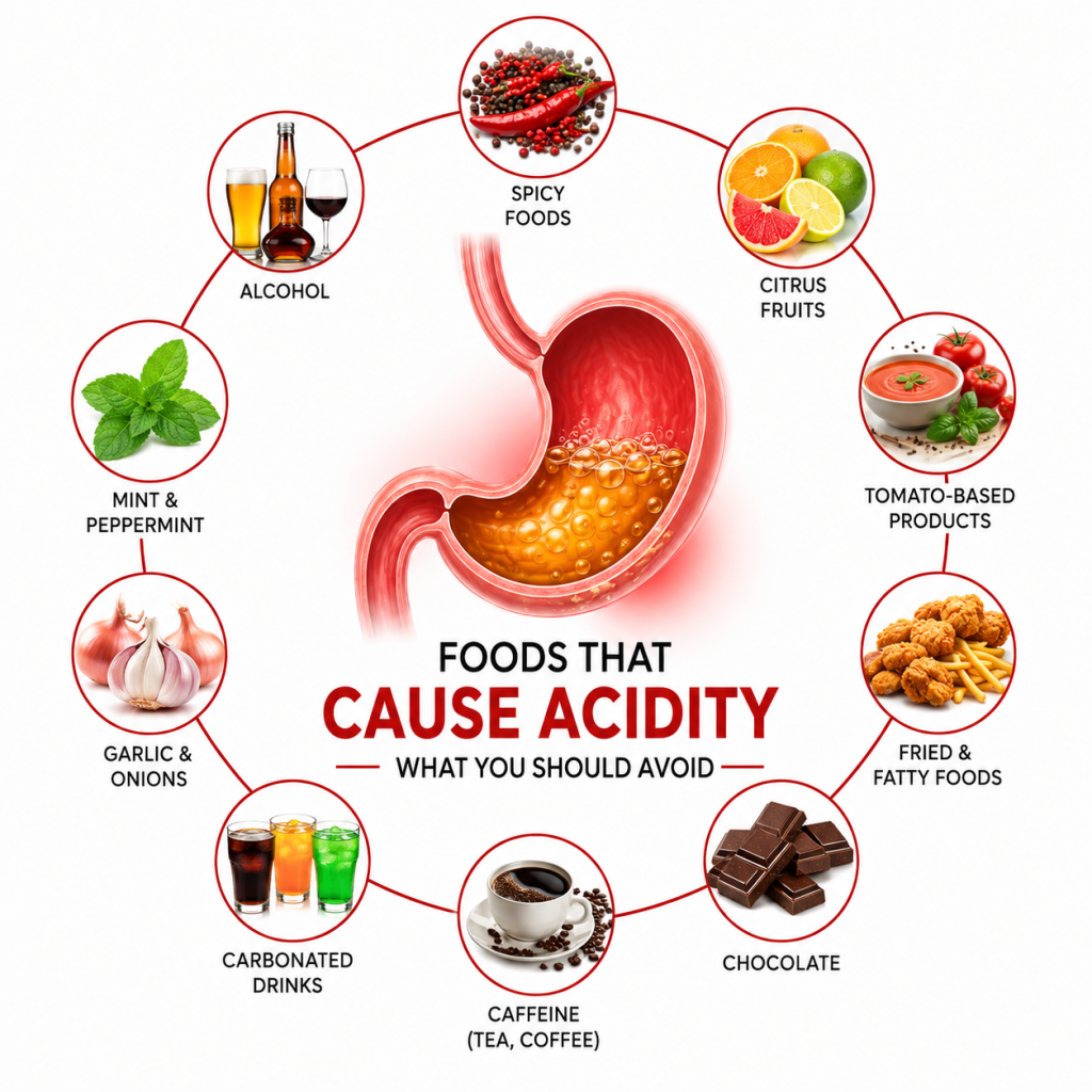 An anatomical illustration of the stomach surrounded by common foods that can trigger acidity, including spicy foods, citrus fruits, tomato-based foods, fried foods, chocolate, coffee, carbonated drinks, garlic, onions, mint, and alcohol, on a clean white background.