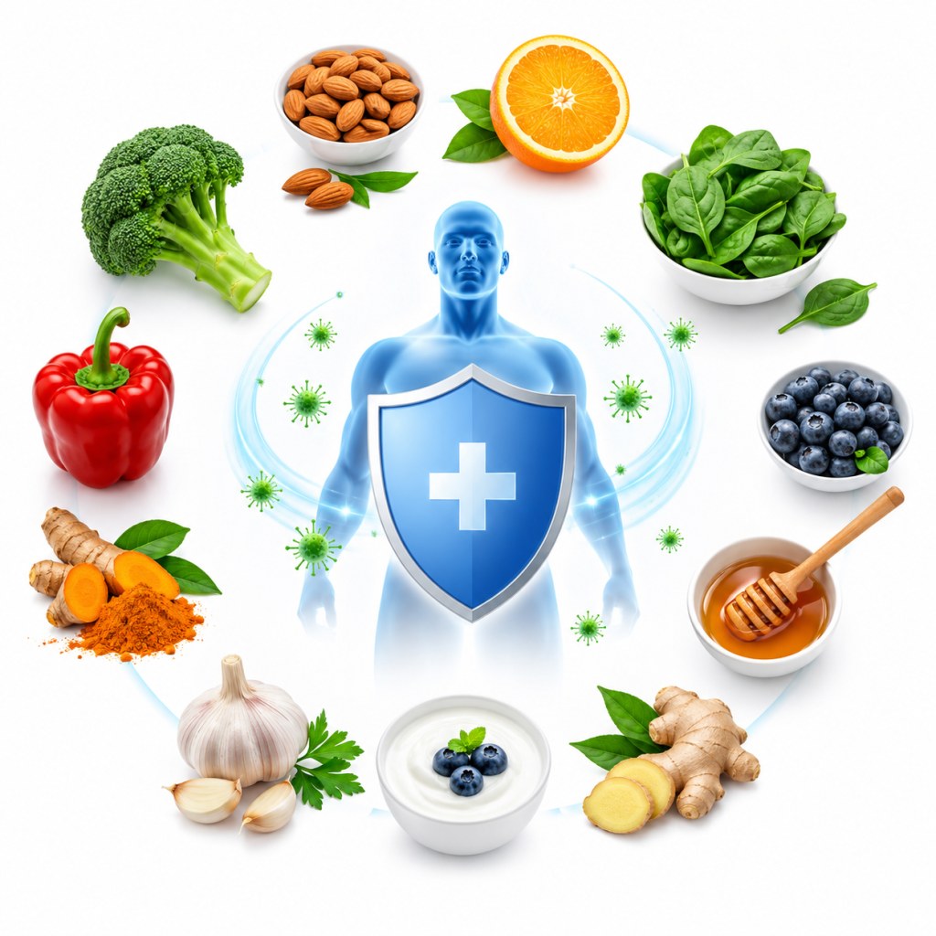 Illustration of a healthy human body protected by an immunity shield, surrounded by natural immune-boosting foods including citrus fruits, spinach, broccoli, garlic, ginger, turmeric, almonds, blueberries, yogurt, honey, and bell pepper on a white background.