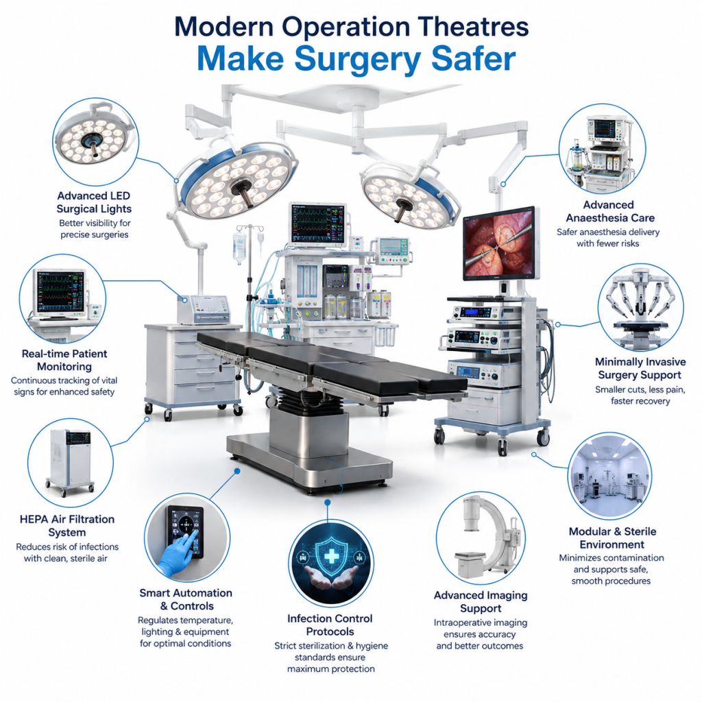 Modern operation theatre with advanced surgical lights, patient monitoring systems, anaesthesia equipment, HEPA air filtration, and sterile technology demonstrating how modern operating rooms improve surgical safety.