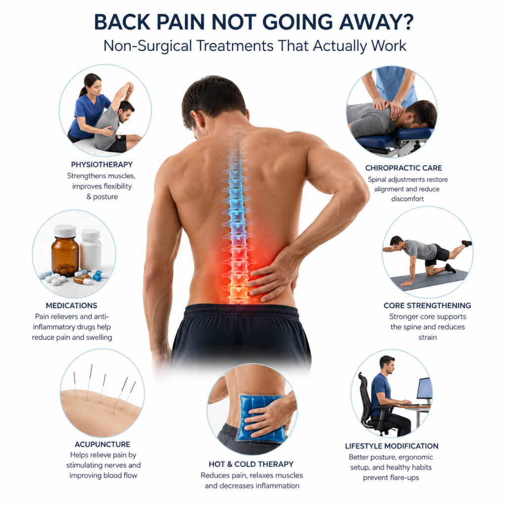 image - Shirdi Sai Hospital Illustration showing a person with highlighted lower back pain and common non-surgical treatment options including physiotherapy, medications, chiropractic care, acupuncture, core strengthening, hot and cold therapy, and lifestyle modifications on a white background.