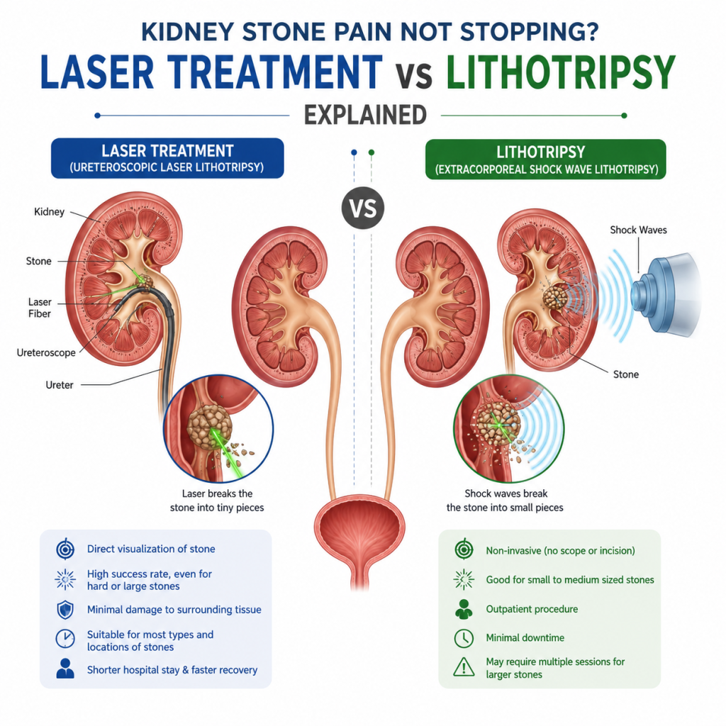 image - Shirdi Sai Hospital Medical infographic comparing laser treatment and lithotripsy for kidney stones, showing kidney anatomy, stone removal methods, and the key differences between ureteroscopic laser treatment and shock wave lithotripsy on a white background.