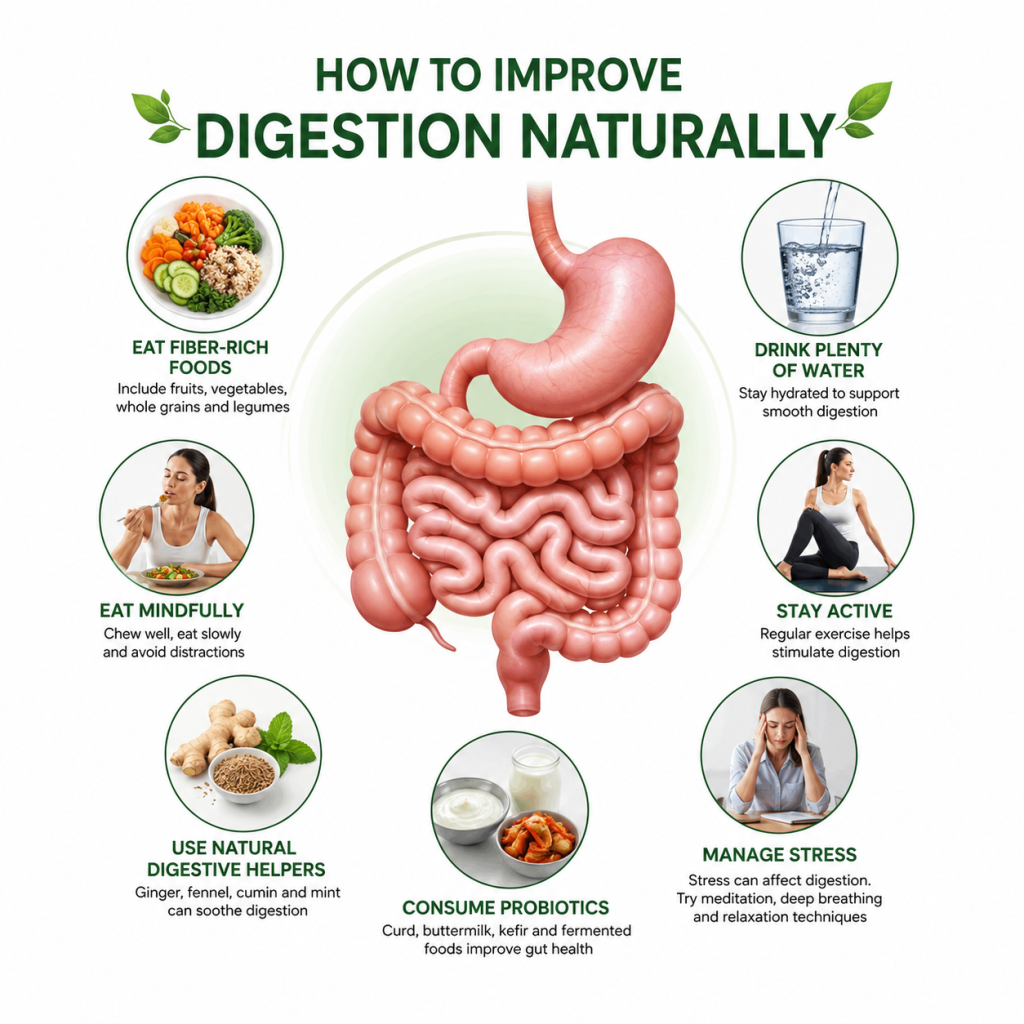 image - Shirdi Sai Hospital An anatomical infographic showing the digestive system with natural digestion tips, including eating fiber-rich foods, drinking water, mindful eating, staying active, managing stress, using digestive herbs, and consuming probiotics.