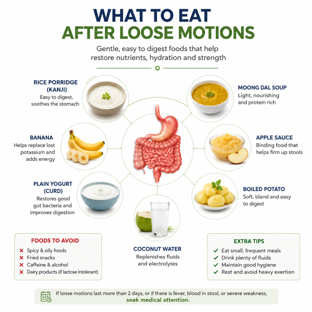 image - Shirdi Sai Hospital An infographic showing gentle foods to eat after loose motions, including rice porridge, banana, plain curd, moong dal soup, applesauce, boiled potato, and coconut water, with tips on hydration and foods to avoid.