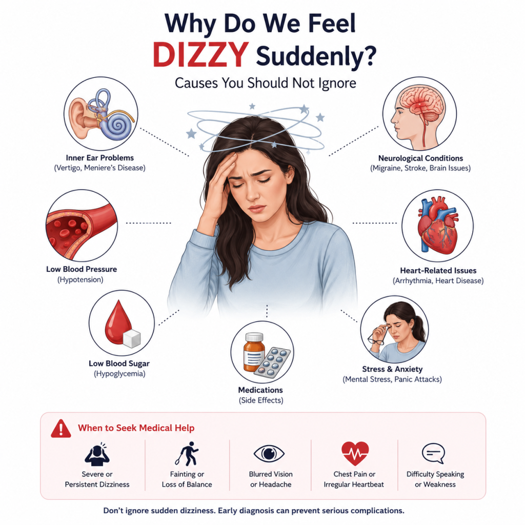 Medical infographic showing a woman feeling sudden dizziness, with illustrated causes such as inner ear problems, low blood pressure, low blood sugar, medication side effects, neurological conditions, heart-related issues, stress, and anxiety, plus warning signs for when to seek medical help