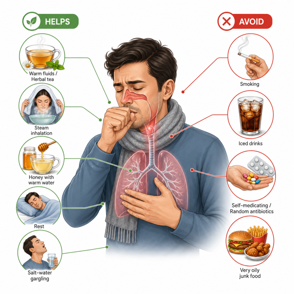 Medical infographic showing a man coughing with highlighted nasal passages, throat, and lungs, alongside helpful cold and cough remedies such as warm fluids, steam inhalation, honey, rest, and salt-water gargling, plus items to avoid including smoking, iced drinks, random antibiotics, and oily junk food.