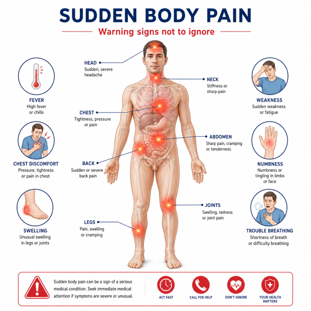Anatomical illustration showing common causes of sudden body pain, including muscle strain, joint problems, spinal disorders, infections, heart conditions, internal organ issues, poor circulation, and stress, with pain areas highlighted on the human body.