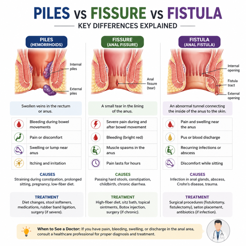 Anatomical infographic comparing piles, anal fissure, and anal fistula with labeled diagrams, symptoms, causes, and treatment differences on a white background.