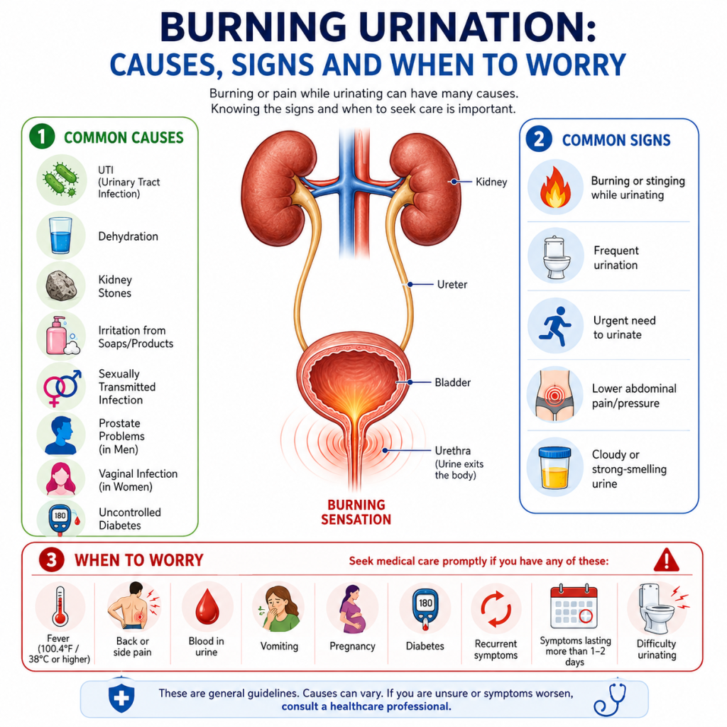 Medical infographic showing the urinary system with common causes, symptoms, and warning signs of burning urination, including UTI, dehydration, kidney stones, fever, blood in urine, and back pain.