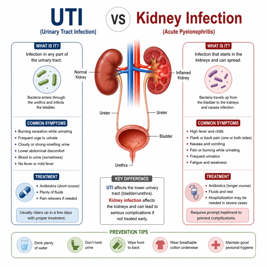 Anatomical infographic comparing UTI and kidney infection, showing urinary tract organs, common symptoms, treatment options, key differences, and prevention tips on a white background.