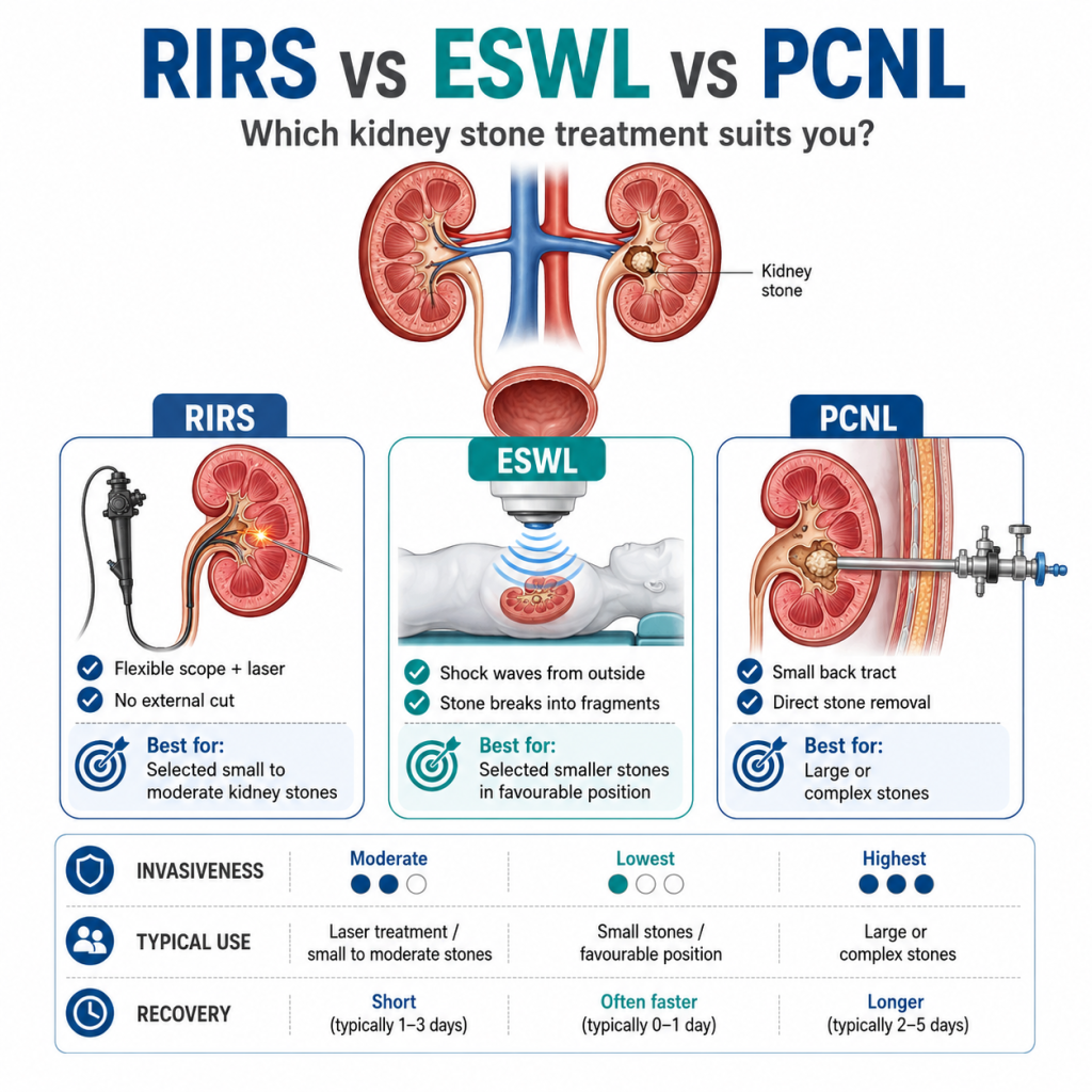 image - Shirdi Sai Hospital Anatomical infographic comparing RIRS, ESWL, and PCNL kidney stone treatments, showing kidney stone location, treatment methods, invasiveness, typical use, and recovery.