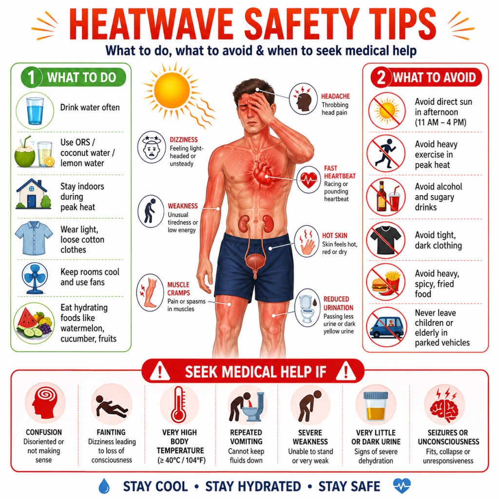 image - Shirdi Sai Hospital Heatwave safety infographic showing what to do, what to avoid, common heat illness symptoms, and warning signs that need urgent medical help.