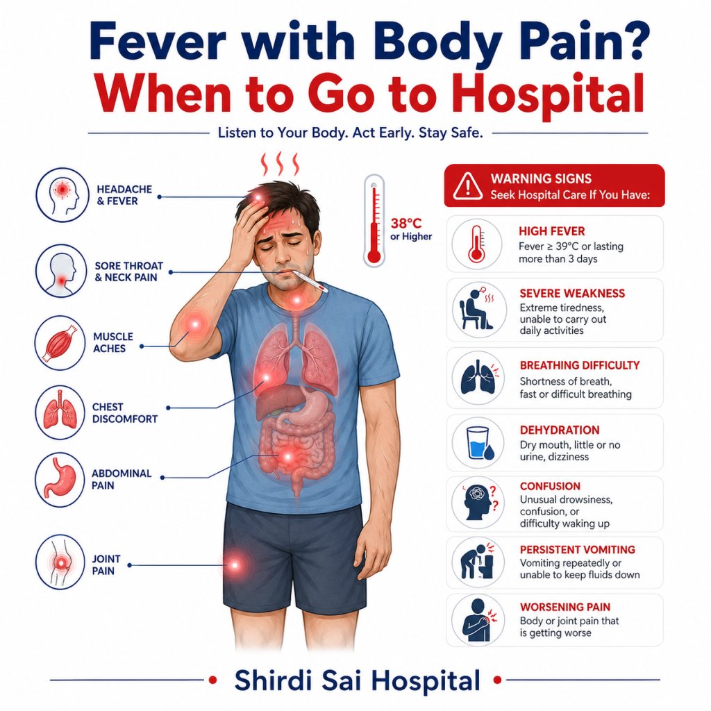 Illustration showing fever with body pain symptoms, including headache, sore throat, muscle aches, chest discomfort, abdominal pain, and joint pain, with warning signs for when to visit Shirdi Sai Hospital.