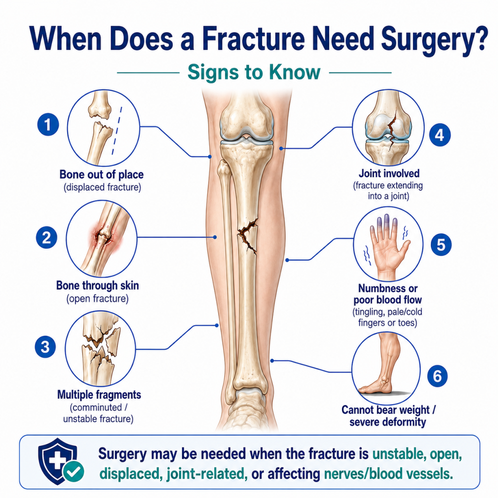 Medical infographic showing six warning signs that a fracture may need surgery, including displaced bone, open fracture, multiple fragments, joint involvement, numbness or poor blood flow, and inability to bear weight.